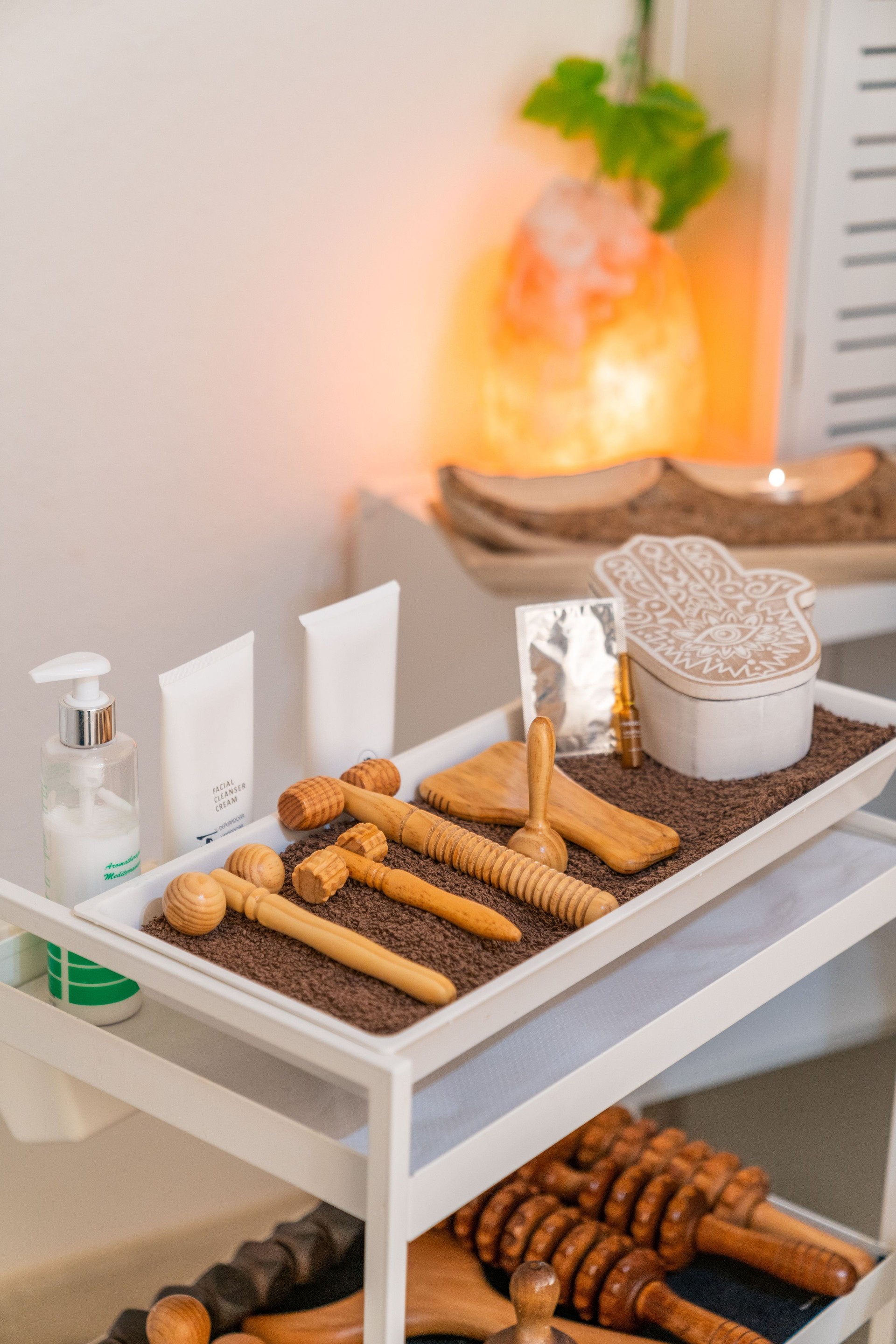 Facial wood therapy tools in beauty center